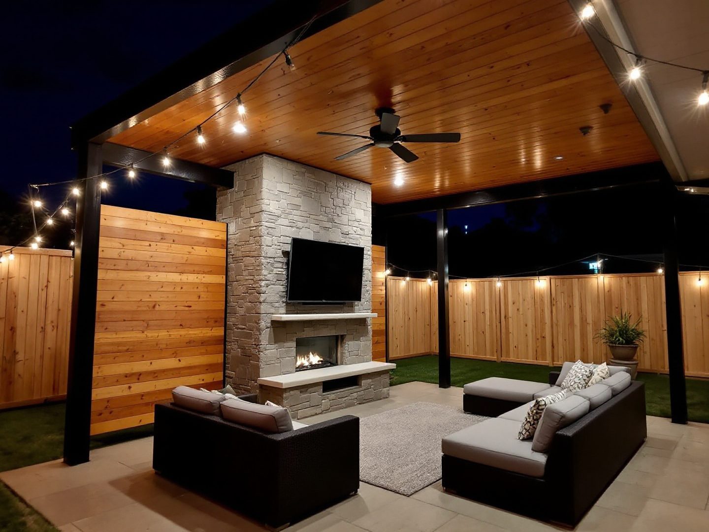 Covered patio with wood privacy screen